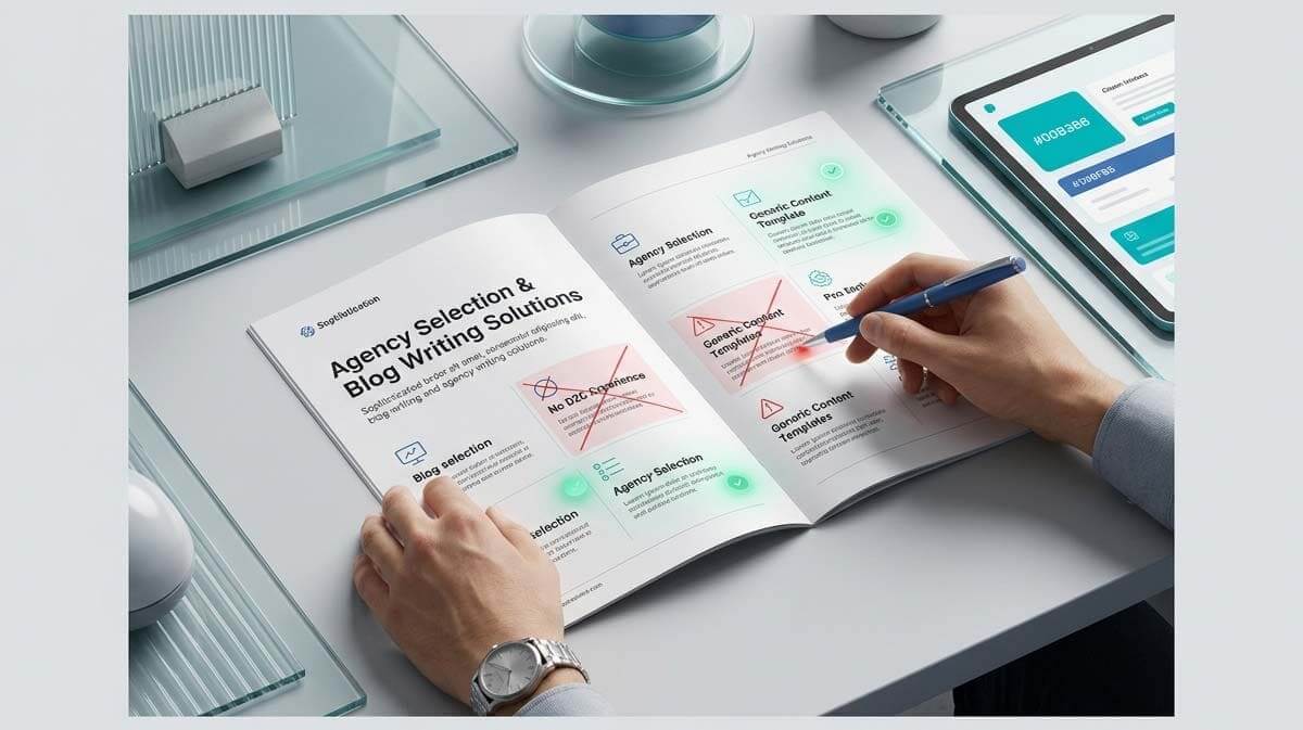 Founder reviewing agency brochure with red flags highlighting how blog writing and content structure impact D2C agency selection and trust