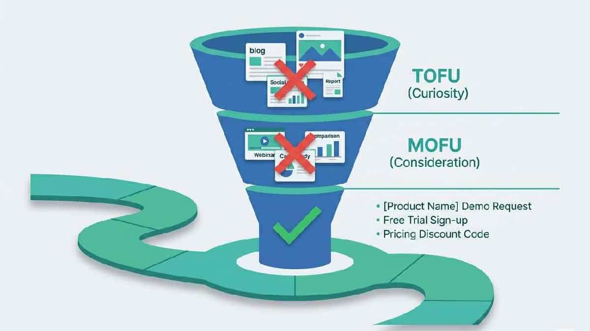 Marketing funnel graphic for an e-commerce blog showing a shift from top-of-funnel curiosity to bottom-of-funnel conversion.
