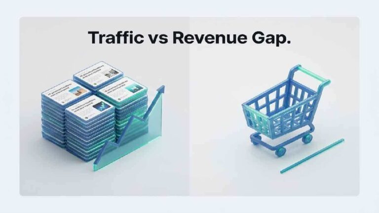 3D isometric graphic showing the gap between high traffic and zero sales for an e-commerce blog