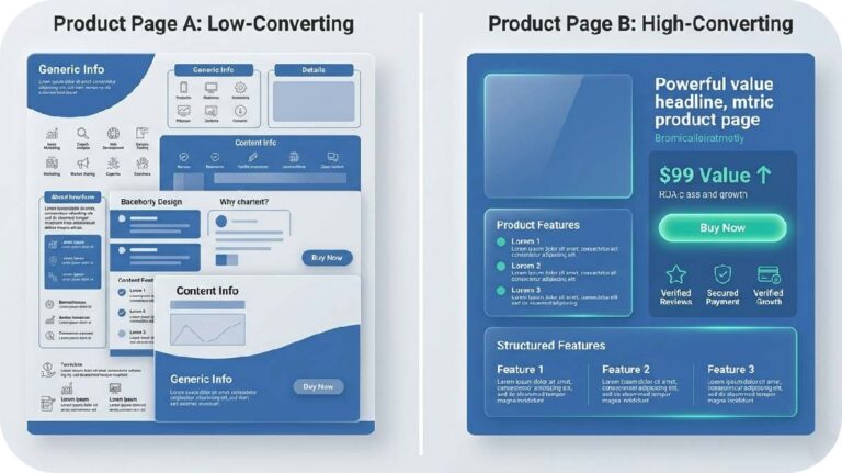 Ecommerce product page optimization comparison showing low vs high converting PDP with trust signals and structured content