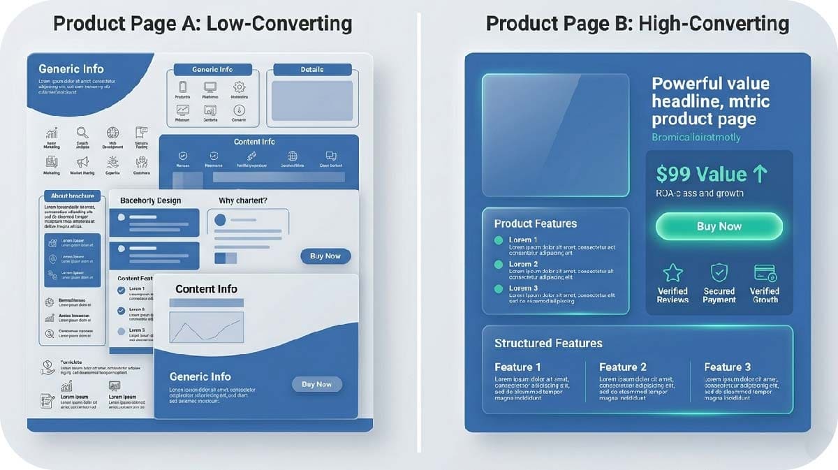 Ecommerce product page optimization comparison showing low vs high converting PDP with trust signals and structured content