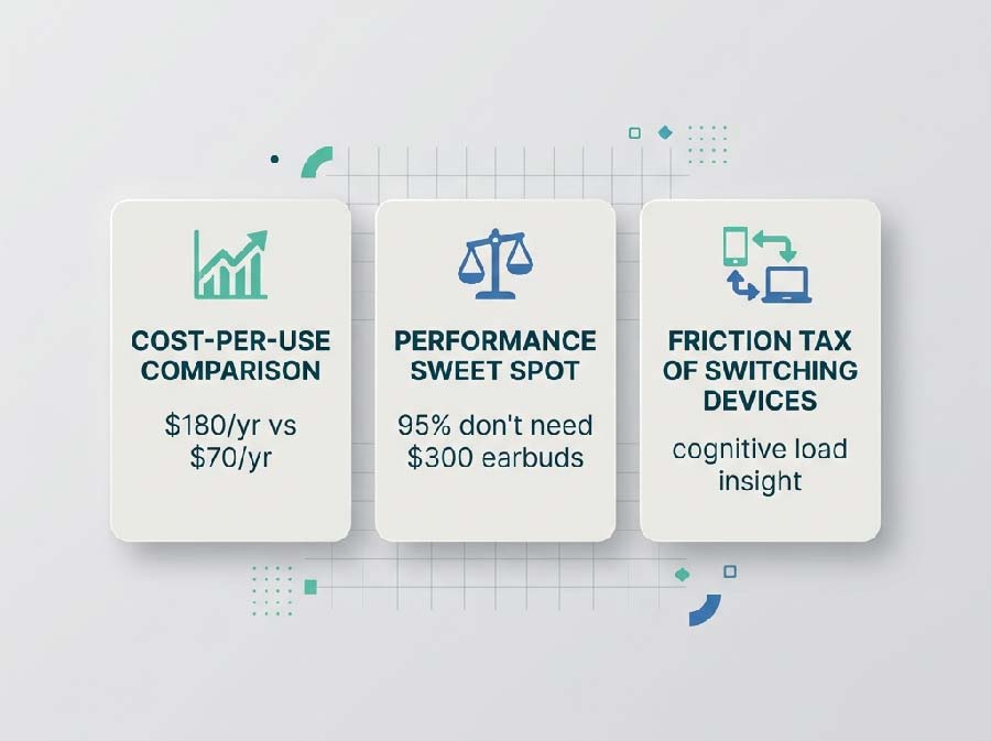 Consumer tech blog content insights graphic showing cost per use comparison, performance sweet spot, and friction tax concept