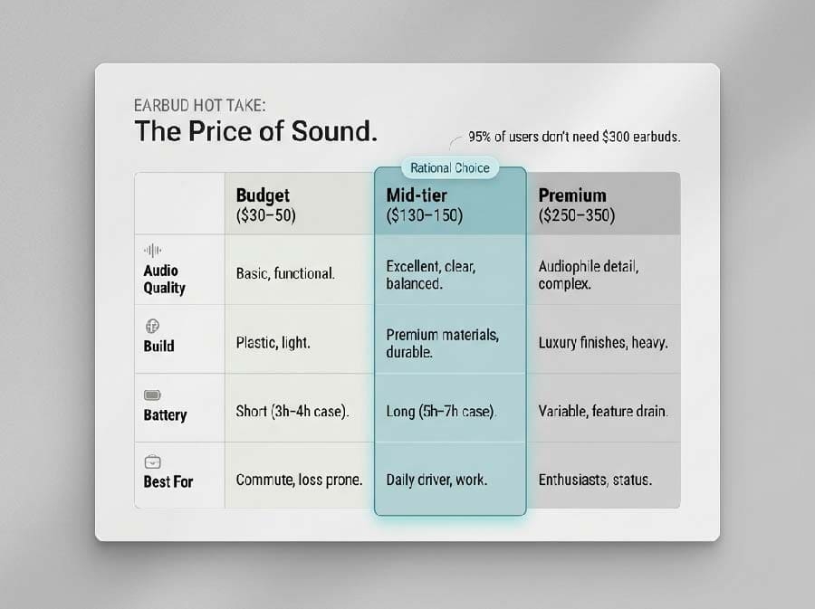Consumer tech blog content mockup showing wireless earbuds pricing comparison table with budget, mid-tier, and premium categories