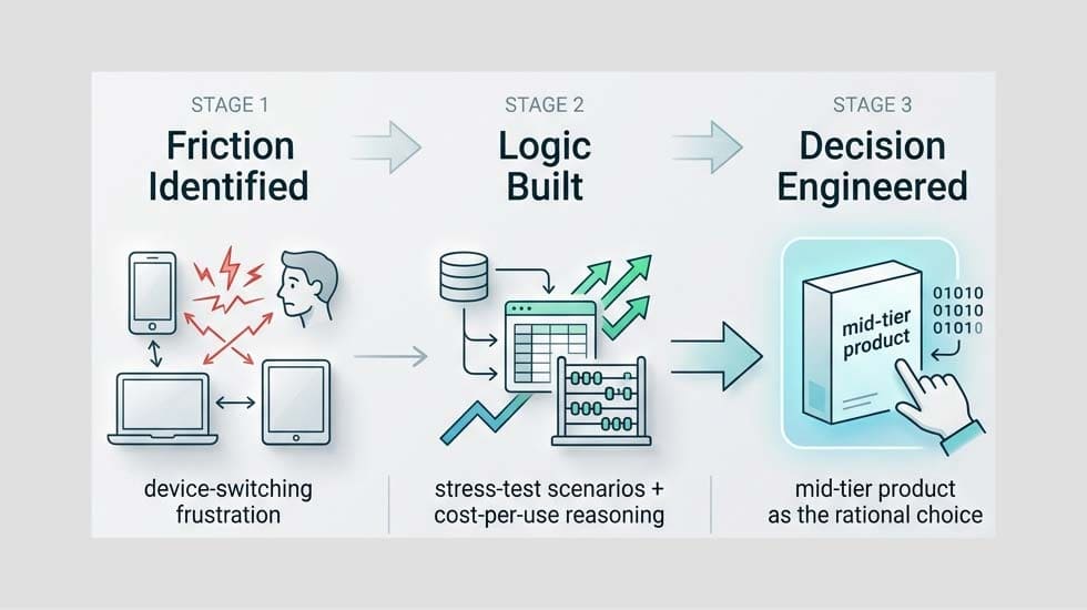Consumer tech blog content strategy diagram showing friction to decision flow for electronics brand content
