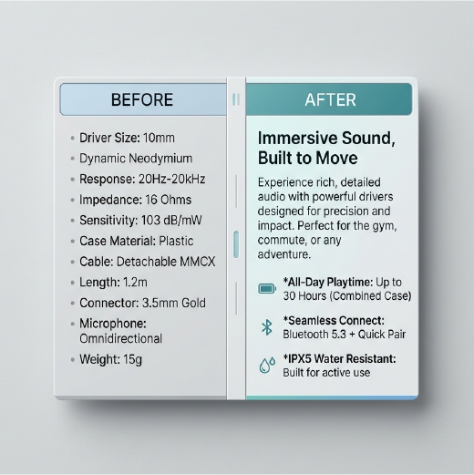 Comparison showing spec-heavy product description versus structured benefit-driven consumer tech product copy
