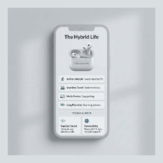 Mobile product page mockup showing consumer tech product description with lifestyle benefits and technical specs layout