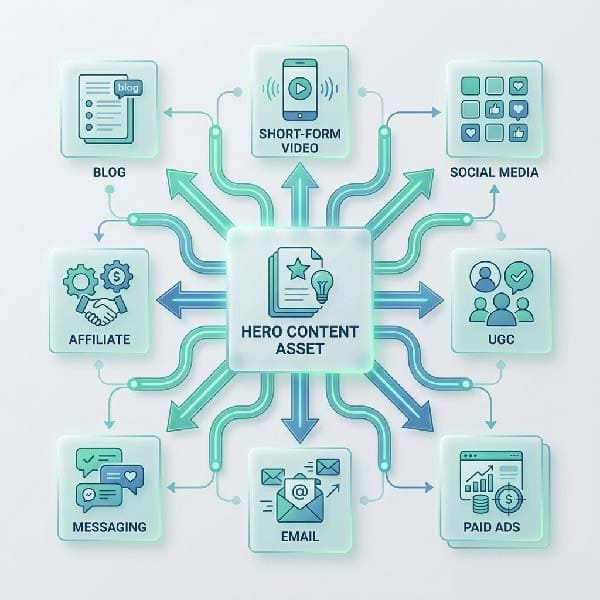 D2C content distribution diagram showing a central hero asset branching into multiple marketing channels