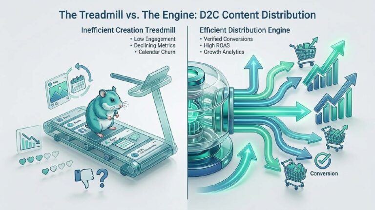 D2C content distribution strategy visual showing content treadmill vs distribution engine driving revenue