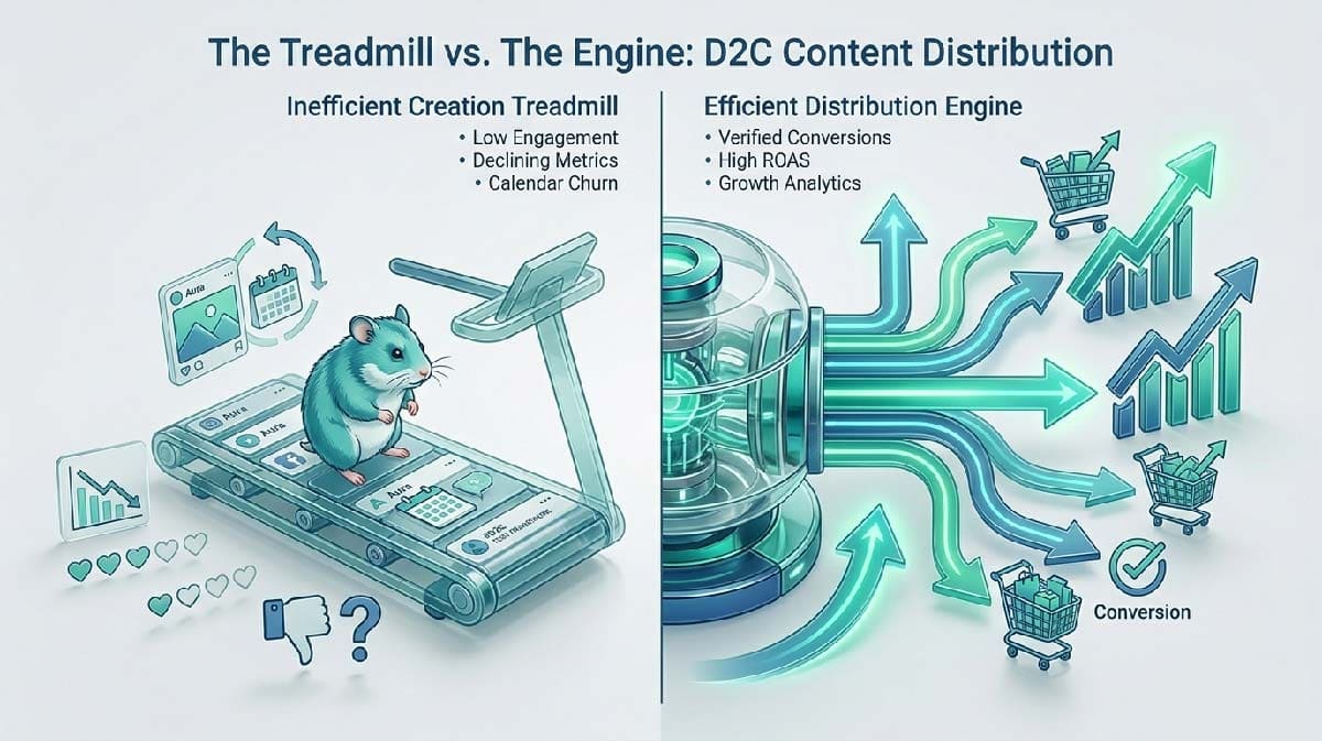 D2C content distribution strategy visual showing content treadmill vs distribution engine driving revenue