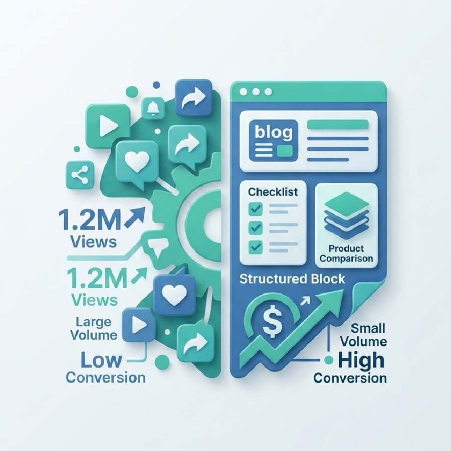 D2C Content Strategy for Revenue showing difference between viral content reach and high-intent content conversions