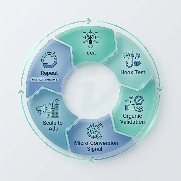 D2C creative testing framework loop diagram showing idea, testing, validation and ad scaling stages