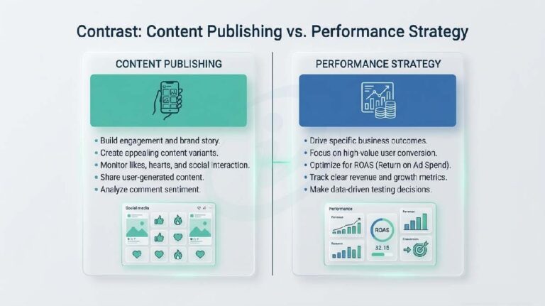 D2C creative testing framework showing content publishing vs performance marketing dashboard comparison