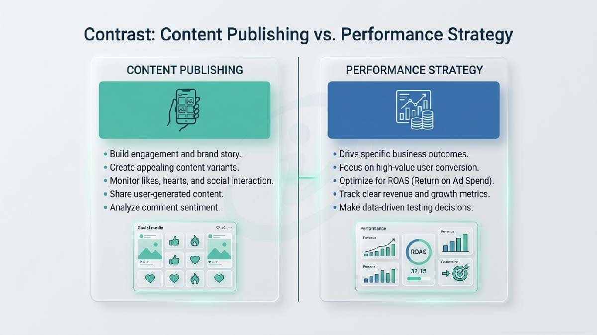 D2C creative testing framework showing content publishing vs performance marketing dashboard comparison