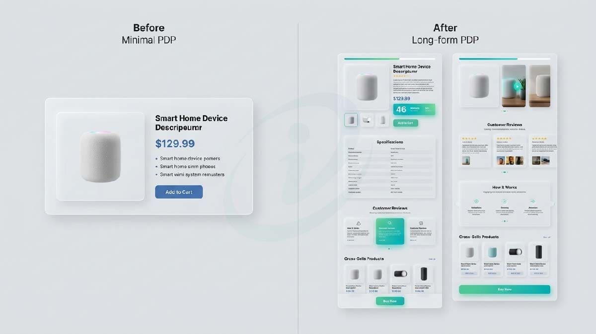 D2C Product Page Conversion comparison showing minimal vs long-form PDP layout with improved conversion structure