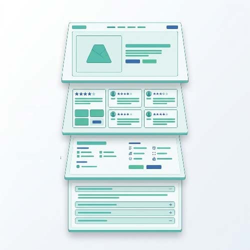 D2C Product Page Optimization diagram showing layered product page structure with hero, social proof, product details, and FAQ sections