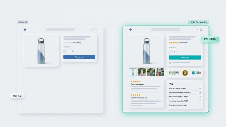 D2C Product Page Optimization comparison showing minimal product page versus high-converting page with UGC reviews trust badges and FAQ