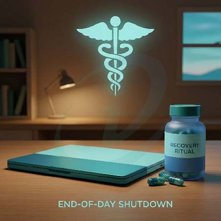 Image showing a closed laptop and supplement bottle representing a daily eye health routine after screen use