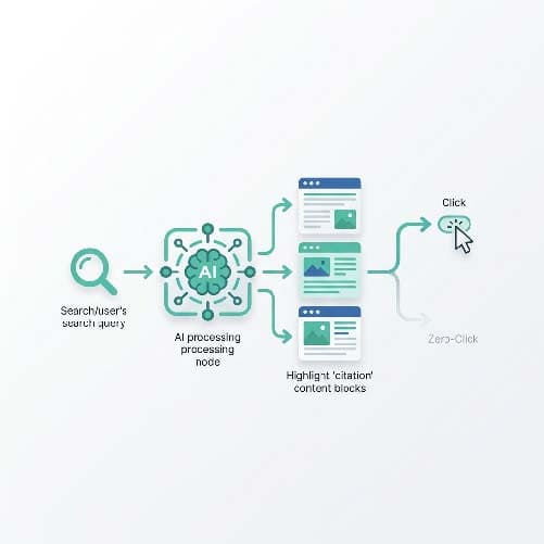 Generative Engine Optimization diagram showing user query, AI summary, citation, and click versus zero-click path