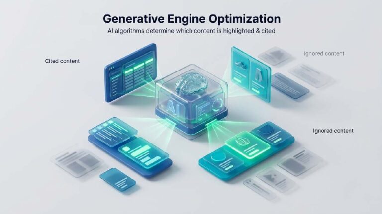 Generative Engine Optimization concept showing AI selecting and highlighting content for citation in search results