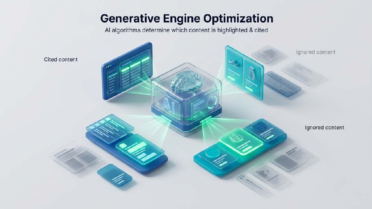 Generative Engine Optimization concept showing AI selecting and highlighting content for citation in search results