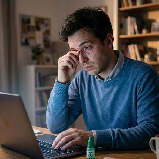 Health Supplement Emailing Campaign image showing a professional experiencing digital eye strain while working on a laptop