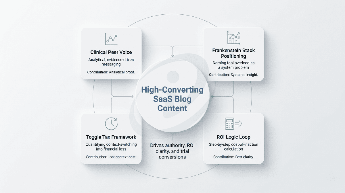 SaaS and Technology Blog Content strategy diagram showing four pillars including Toggle Tax Framework, Frankenstein Stack, ROI Logic Loop, and Clinical Peer Voice