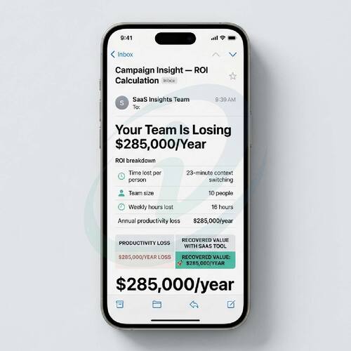 SaaS and Technology Email Campaign showing ROI email with $285,000 yearly productivity loss calculation on mobile