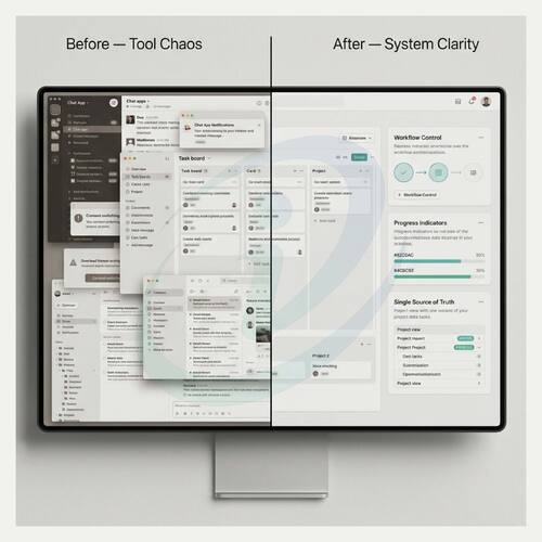 SaaS and Technology Email Campaign showing before and after workflow from tool chaos to unified SaaS dashboard