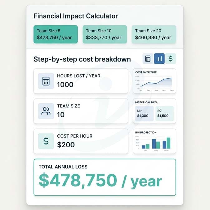 SaaS and Technology Landing Page ROI calculation showing productivity cost breakdown and financial impact visualization