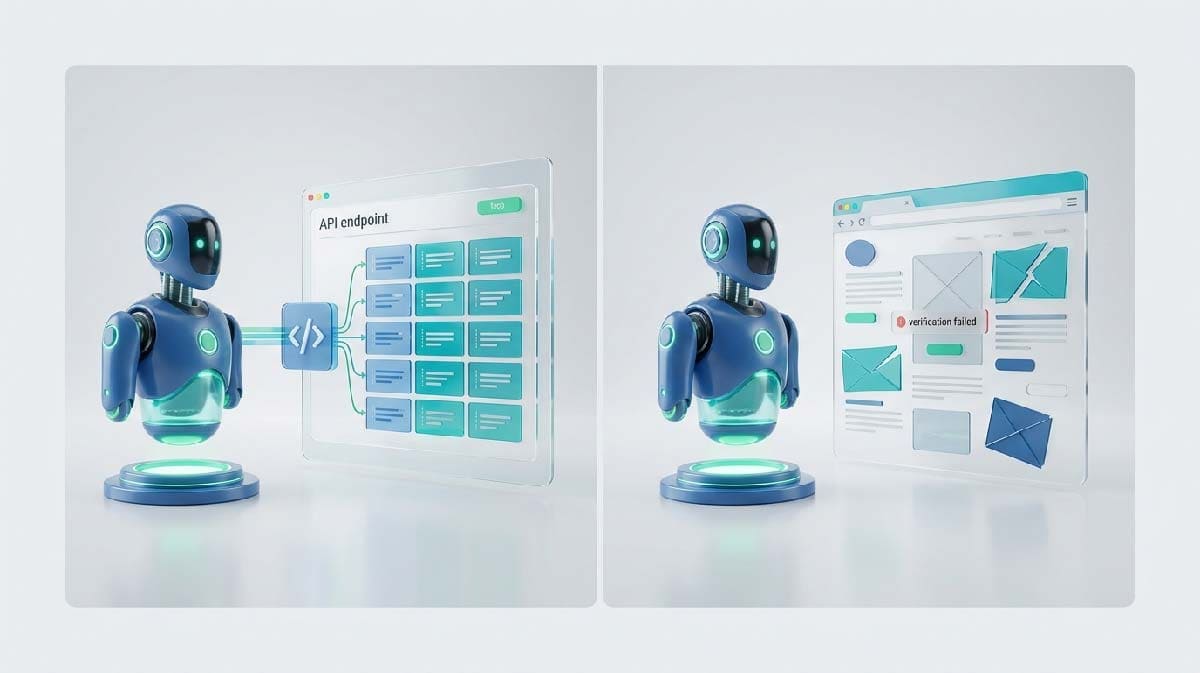 WebMCP system showing AI agent interacting with structured API versus failing on unstructured webpage in agentic commerce