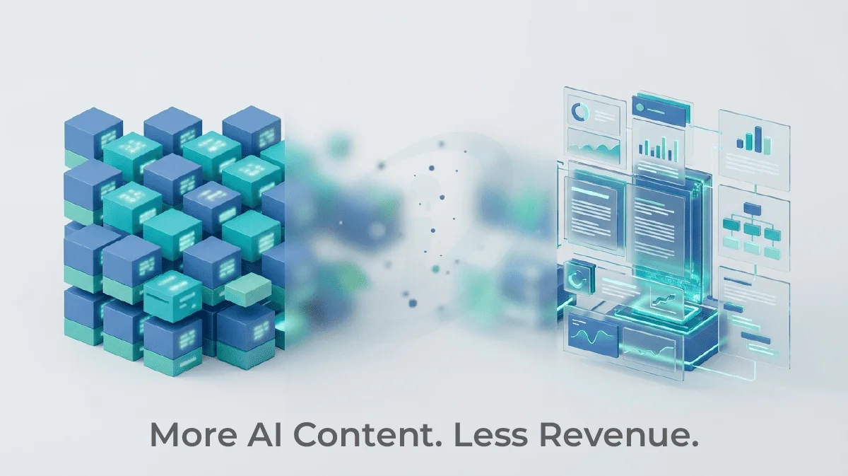AI-Driven Growth Strategy visual showing shift from AI-generated content blocks to structured content system improving conversions