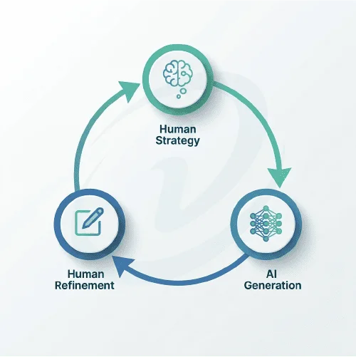 AI-Driven Growth Strategy workflow showing Human Strategy, AI Generation, and Human Refinement loop for content creation