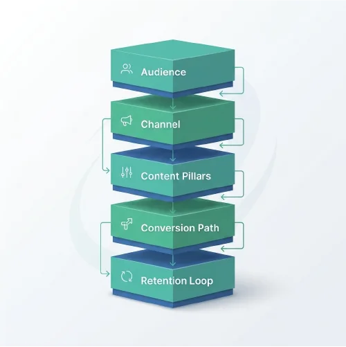 Content Strategy Template showing five-layer structure including audience, channel, content pillars, conversion path, and retention loop
