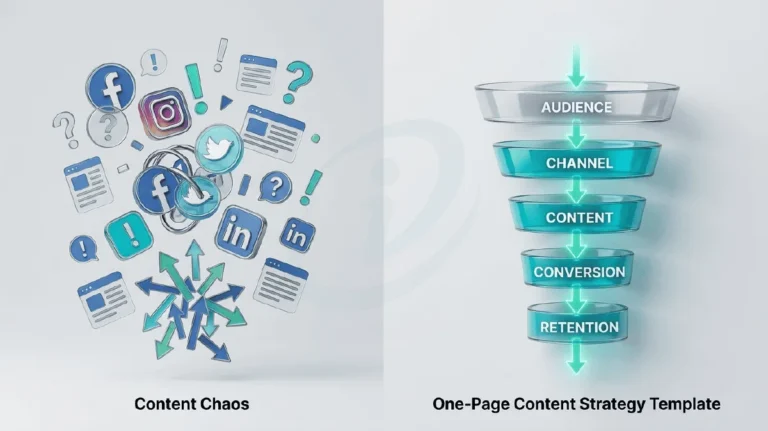 Content Strategy Template showing chaotic multi-channel content vs structured one-page strategy funnel