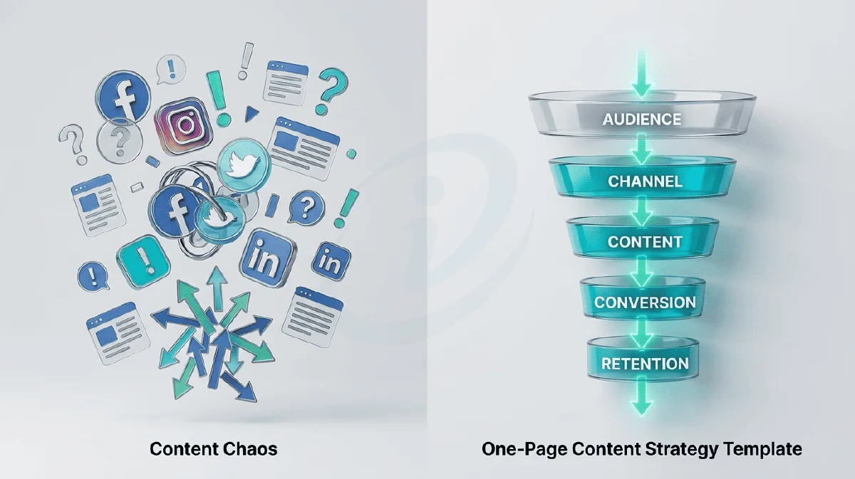 Content Strategy Template showing chaotic multi-channel content vs structured one-page strategy funnel
